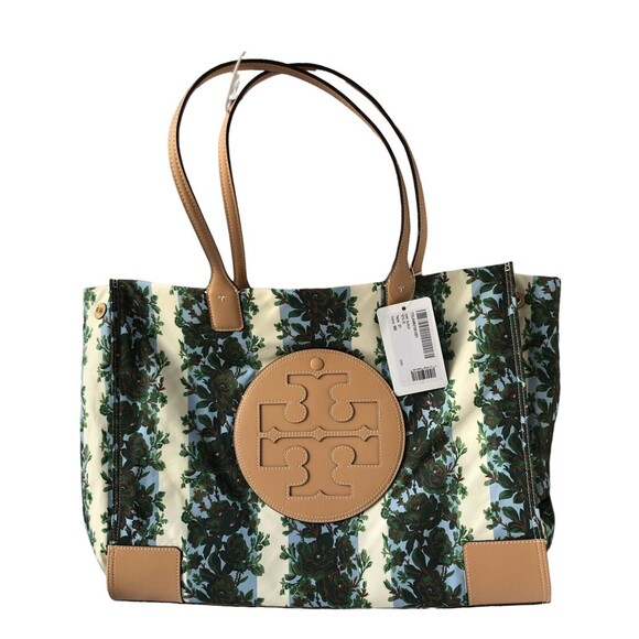 Tory Burch Ella Logo Prints Large Nylon Tote Rayure Fleurie New w/tag Authentic - Picture 1 of 7